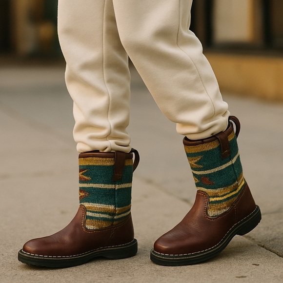 BORN Leather Wool Blanket Aztec Print Boots 36.5 / 6.5 Green Southwestern Boho - Picture 2 of 12